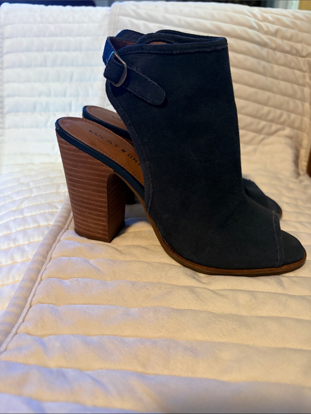 Lucky Brand Navy Suede Peep-Toe Stacked Heel Booties